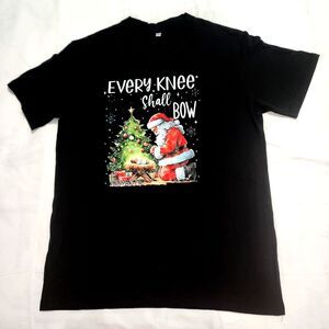 Every Knee Shall Bow T-Shirt Black sz L Baby Jesus Santa Claus Graphic Design